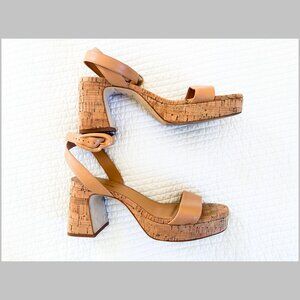 Larroudé Dolly Verona Nude Leather Cork Platform Block Heel Sandals Size 8